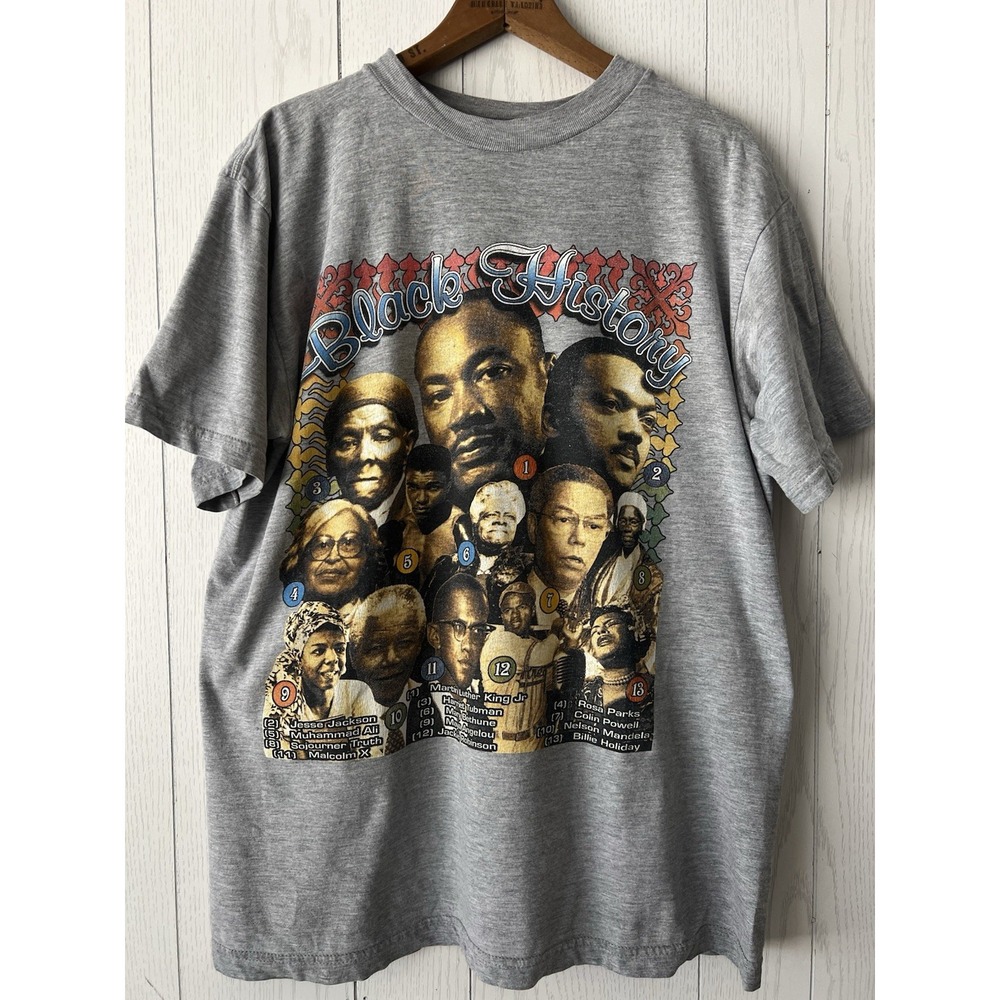 VTG Black History Graphic T-Shirt Gray MLK X ALI Rosa Parks Mens L Double Sided